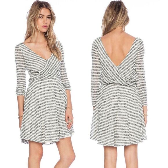 Free People Dresses & Skirts - Free People Gray Ivory Striped Faux Wrap V Neck V Back Maverick Dress Small